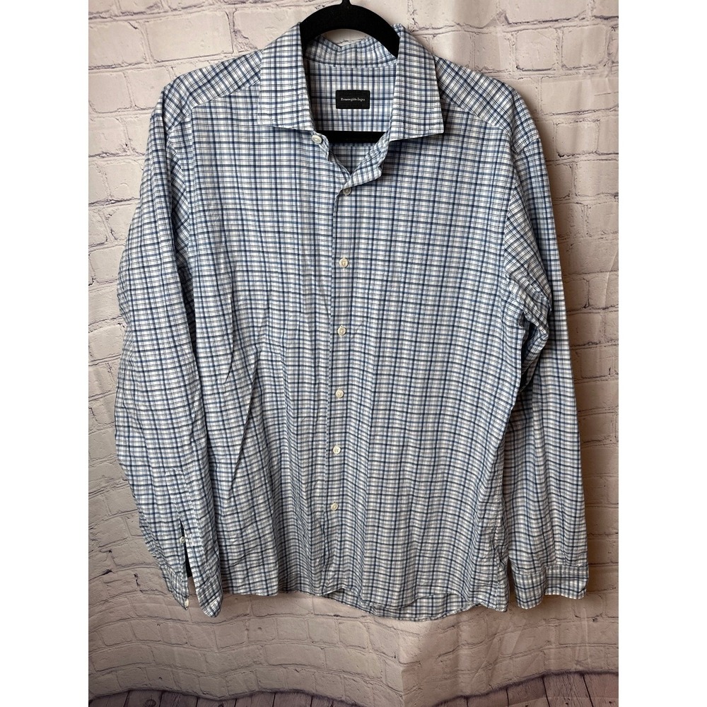 Ermenegildo Zegna Plaid Dress Shirt Long Sleeve Button Up Blue White Size L